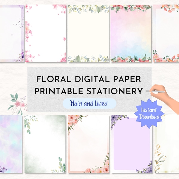 Paquete de papel con estampados florales Estampados de flores Papelería imprimible Papel de nota digital / Tamaño A4, A5 y Carta de EE. UU.