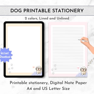 Pode incluir: Papéis de carta imprimíveis com uma ilustração fofa de cachorro. O design inclui duas opções de cores, com linhas e sem linhas, e está disponível nos tamanhos A4 e US Letter. Download instantâneo.