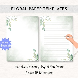 Garden Greenery Floral Prints Paper Template Printable Stationery | Digital Note Paper | A4 and US Letter sized
