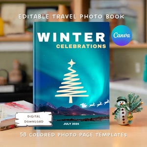 Winter Celebrations Christmas Travel Photo Book Cover Canva Template Coffee Table Book Travel Journal Photo Album Fully Editable 8x11.5&quot;