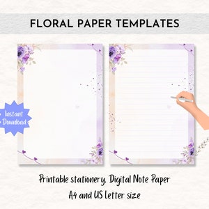 Modello di carta per stampe floreali lavanda F7 / Cancelleria stampabile / Carta per appunti digitale / Formato A4 e Lettera USA