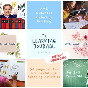 Diário infantil e planilhas de aprendizagem | Digital e Impresso | 3-7 anos | Pôster ABC de bônus + 20 cartões de afirmação de bônus
