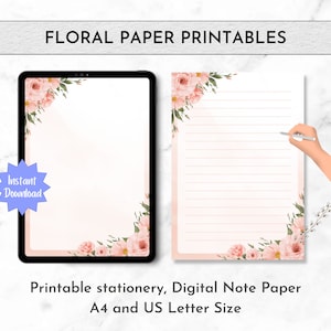 May include: Printable floral stationery in A4 and US Letter sizes. The digital note paper features a pink floral design with green leaves in the corners. The text "Instant Download" is displayed on a blue star.