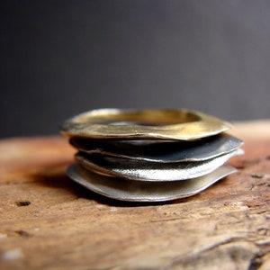 Sterling Silver Wavy Stacking Rings: Gold Plated, Oxidized, Textured, Set of Four