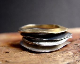 Sterling Silver Wavy Stacking Rings: Gold Plated, Oxidized, Textured, Set of Four