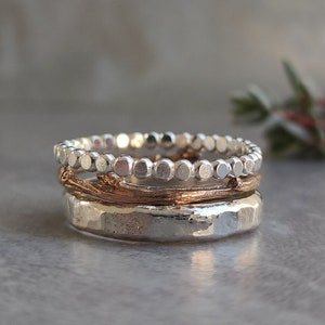 Gold Skinny Twig Ring, Sterling Silver Textured Stacks, Set of Three Rings