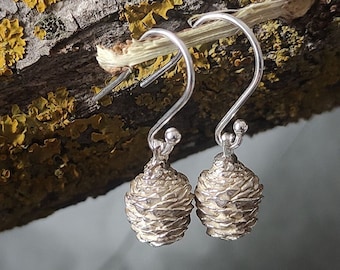 Silver Pine Cone Dangle Earrings - Botanical Jewelry for Nature Lovers