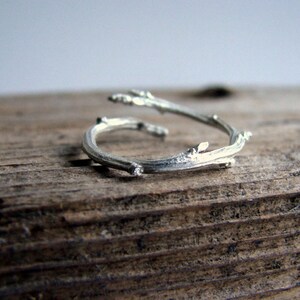 May include: A silver ring shaped like two intertwined branches with small leaf details.