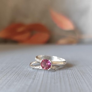 Pink Tourmaline Sterling Silver Stacking Rings, Botanical Twig Design, Gothic Witchy Jewelry