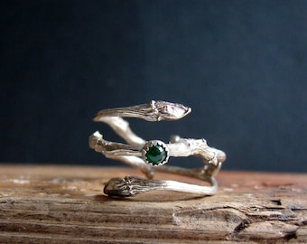 Emerald Cabochon Ring: Sterling Silver Twig, May Birthstone