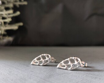 Silver leaf studs, botanical post earrings, gifts for her, under 50