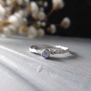 May include: A silver ring featuring a delicate twig design and a round, iridescent moonstone.