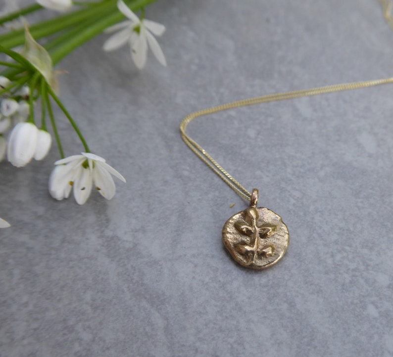 14k Solid Gold Botanical Coin Necklace, Handmade Medallion Pendant - Etsy