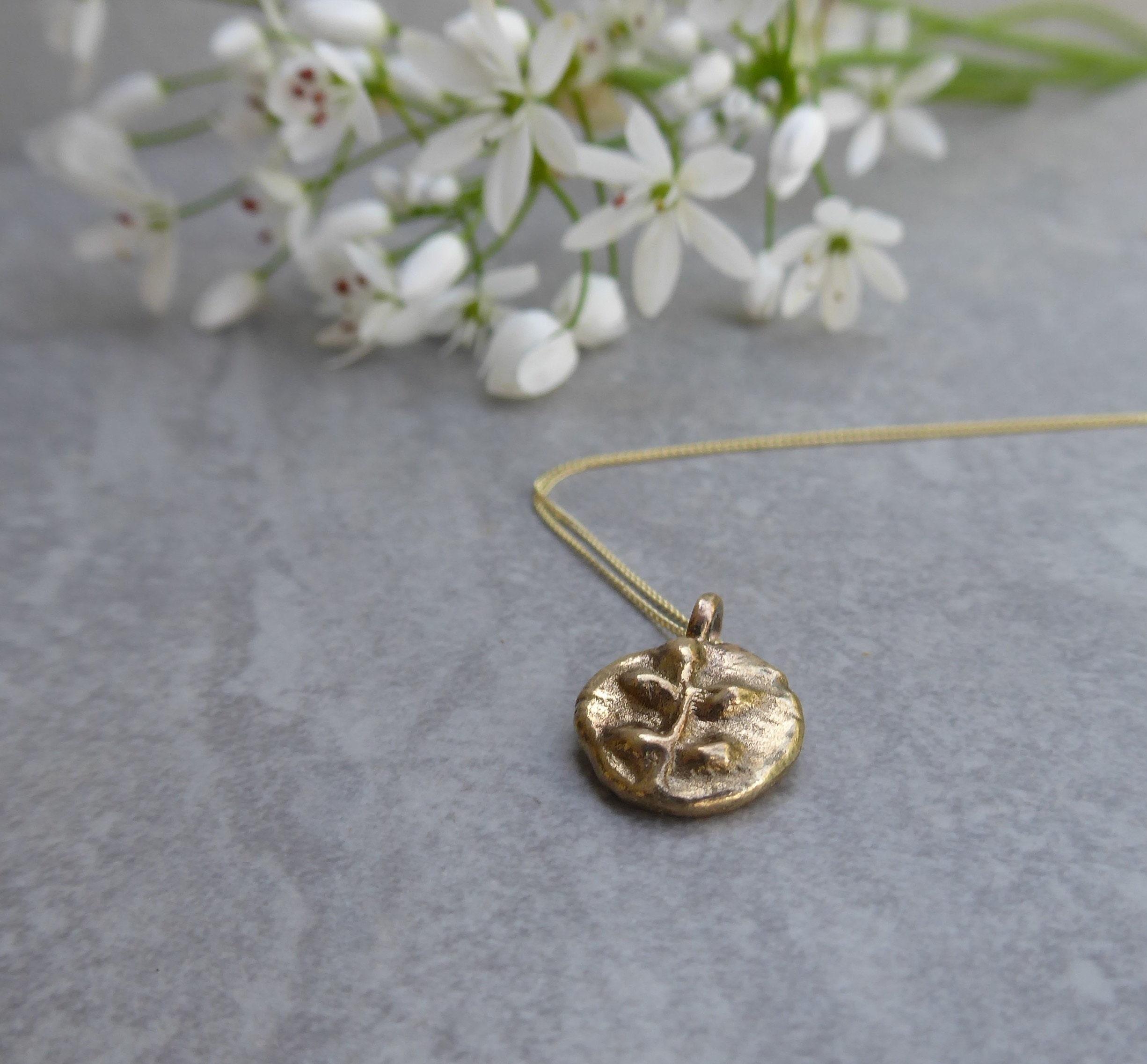 14k Solid Gold Botanical Coin Necklace, Handmade Medallion Pendant - Etsy