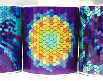 16.65EUR/piece 3 Mugs - Monoprints of "Spinny Lava"+"Sunflower"+"Purple Cyan Sun"