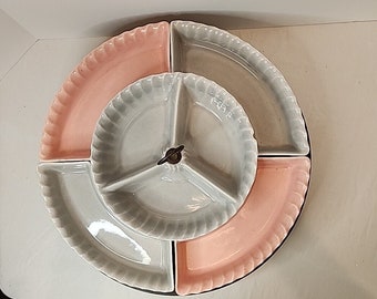 MCM California Pottery Serving Set Pink &  Gray Chip and Dip Lazy Susan 375B