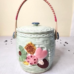 Barril de galletas con asa, pintado a mano, hecho en Japón, tarro para galletas Cottage Core
