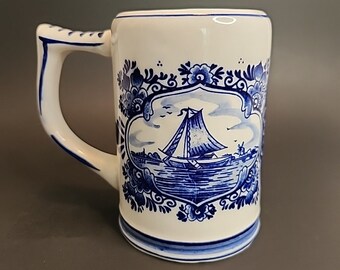 Vintage Hand Painted Delft Blue Windmill & Sailboat Beer Stein Mug
