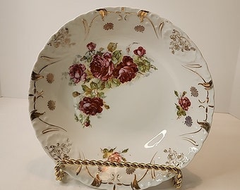 Vintage Porzellan Servier Schüssel, Rosen und Goldrand, 23 cm