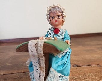 Vintage Belgium Grandma Lacemaking Doll Sitting Wood Chair 5" Dollhouse Figure