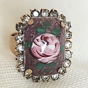 Vintage Enamel Rose Ring Rhinestones Purple Pink Gold Tone Adjustable Costume