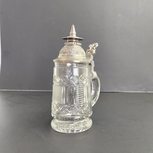 Antique Cut Glass Stein Pewter Lid Vintage German Drinkware, Barware