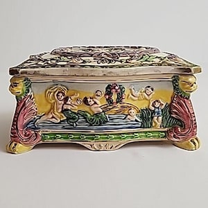 Ceramic Jewelry Trinket Box Hand-Painted in Japan 1950s Kitsch, Cherubs, Mermaids
