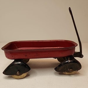 Vintage Pressed Steel Toy Doll Wagon Streamline Metal Red Black Fenders