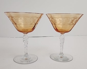 Pair of Fostoria Champagne Glasses Amber Etched Cocktail Coupes  1940s