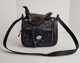 Vintage Western Saddle Bag Handbag Hand-Tooled Leather Shoulder Purse with Strap