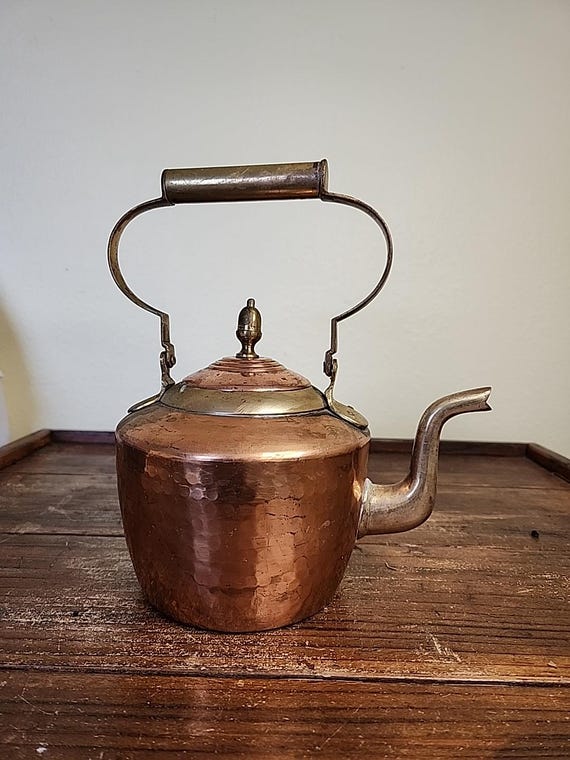 Vintage Old Dutch Copper Kettle Tin Lined Brass Handle Spout