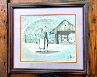 Obra antigua de P. Buckley Moss "El puente de Long Grove" 578/1000, firmada, arte popular, certificado de autenticidad.