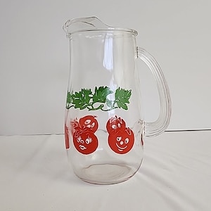 Vintage Painted Glass Juice Pitcher, Happy Tomato Pattern, 36 oz.  8&quot; Tall