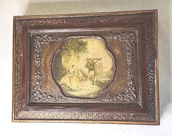 Antique Hand Carved Wood Cameo Box Mirrored Divided Jewelry Keepsake Dresser Box