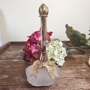 Vintage Satin Glass Perfume Bottle Gold Tone Flower Top and Bow Accents 7&quot;