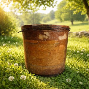 Pode incluir: Um balde cilíndrico de madeira envelhecida, com uma borda escura e detalhes em arame metálico. O balde tem uma superfície desgastada e texturizada com manchas de madeira mais clara. Está num campo de relva verde e flores brancas, com um fundo desfocado de árvores.