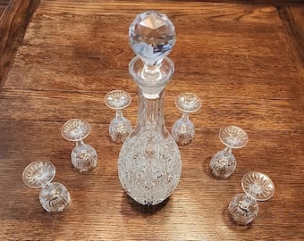 Juego de decantador vintage de cristal de plomo, 6 vasos, artículos de bar
