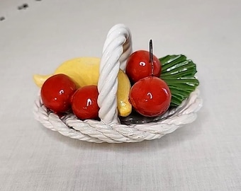 Vintage Capodimonte Ceramic Fruit Basket Oval Wełniana Sztuka Wykonana we Włoskiej Farmie