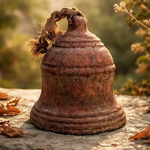 May include: A weathered, reddish-brown bell with a rope handle. The bell has a textured surface and a classic shape, resting on a stone surface with fallen leaves. The bell's design suggests a rustic or antique aesthetic.