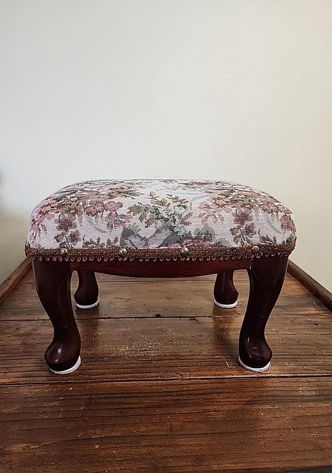 Vintage Upholstered Foot Stool Wooden Cabriole Legs Floral Tapestry ...
