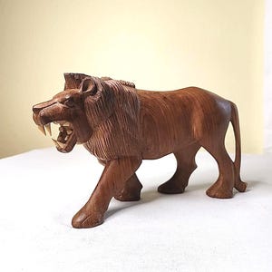 Hand-Carved Wood African Lion Sculpture Figure Roaring Walking Folk Art Decor