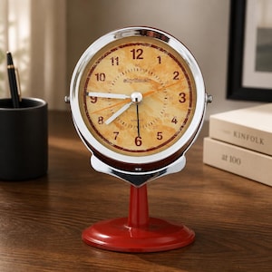 May include: A round analog table clock with a chrome frame and a red pedestal base. The clock face features a marbled tan background, black Arabic numerals, and the text "skytimer" and "QUARTZ" printed in black with white and orange hands.