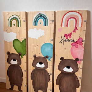 Tabela de altura de madeira pintada à mão – Personalizada – Ursinho de pelúcia – Barra de medição infantil – Escala de crescimento – Presente para nascimento e batismo