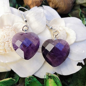 Heart Earrings Dangle Drop. Crystal Amethyst and Rose Quartz. Gemstones. Love Jewelry For Women