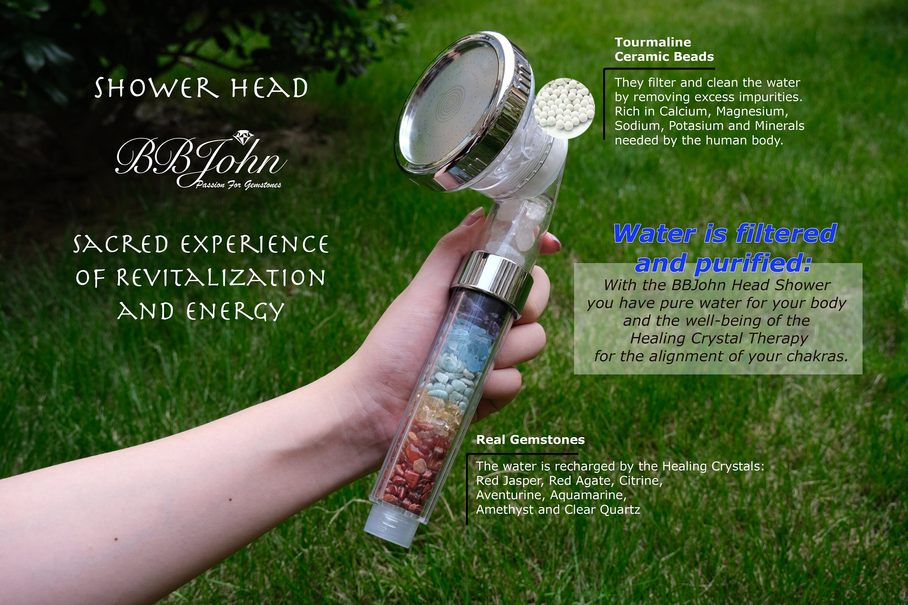 Crystal Chakra Shower Head. Natural Gemstones. 7 Stones. Healing Crystals. Water Purification