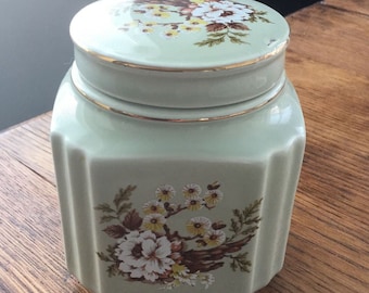 70s retro floral print Sadler England  Ginger Jar. Pale Green Floral lidded pot for kitchen / bathroom etc.
