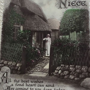 Antique 1921 Niece Birthday Card  Postcard Real Photo Thatched Cottage, Poem, London