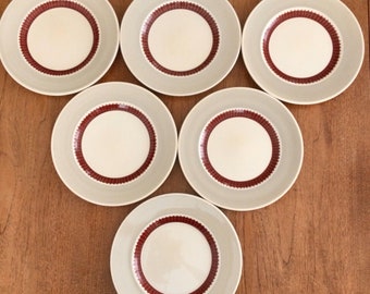 6 x Susie Cooper 9" 23cm dessert / luncheon / small dinner plates Crown Works Burslem England 30s 40s burgundy grey cream hand painted