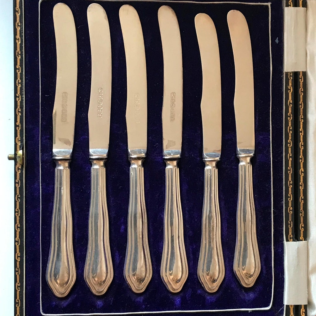 Solid Silver Butter Knives. Beautiful Cased Set of 6 Sheffield