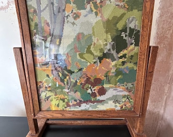 Vintage Tapestry Fire Screen / Guard - Oak Frame - Woodland Scene - Autumnal Colours - Woolwork
